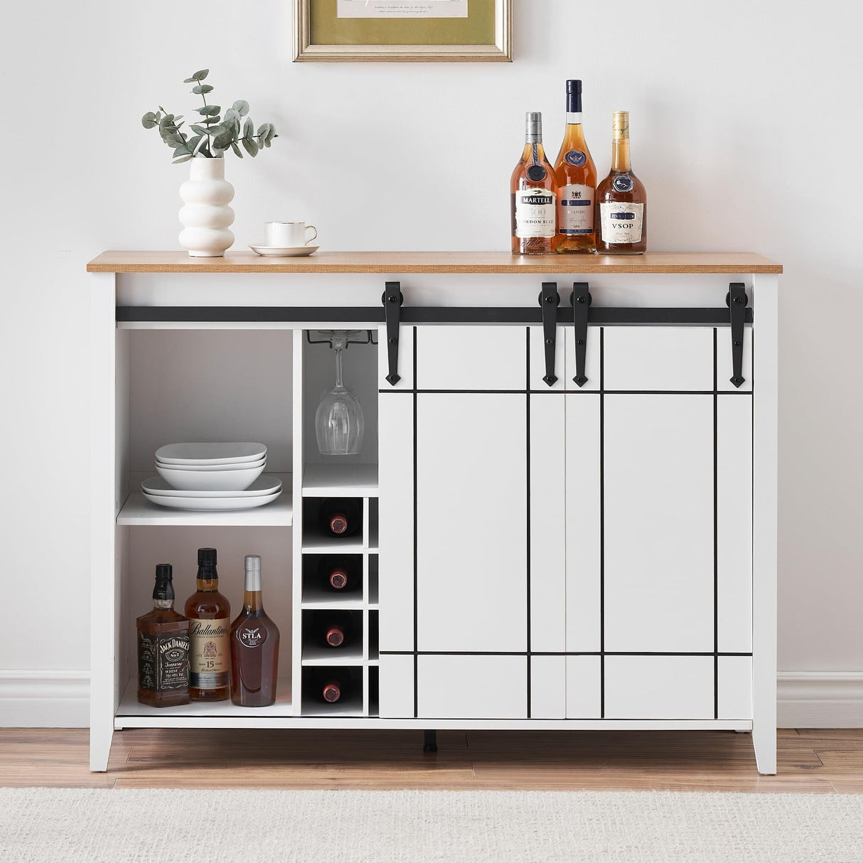 Farmhouse 47'' Wine Bar Cabinet Buffet Sideboard Cabinet with 16 Bottle Wine Rack - 15.7"D x 47.2"W x 34.61"H
