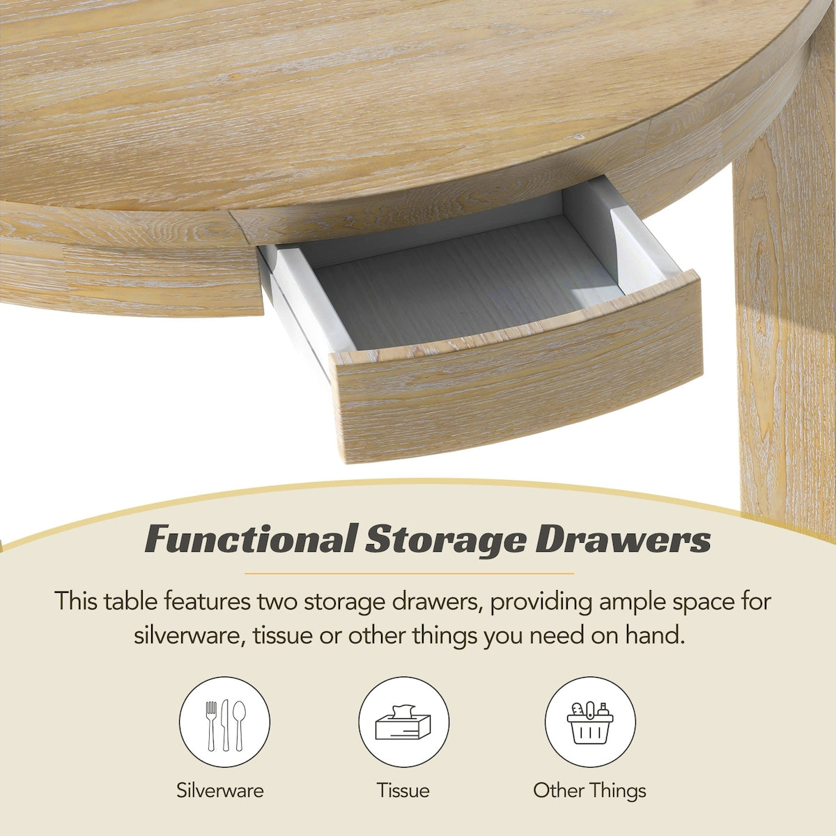 Farmhouse 5-Piece Extendable Round Dining Table Set with Storage Drawers and 4 Dining Chairs,16" Removable Leaf