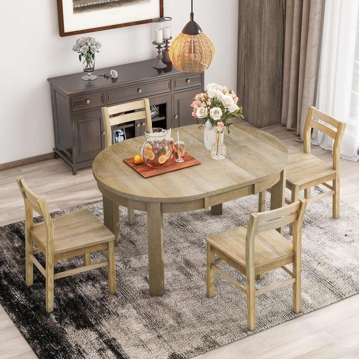 Farmhouse 5-Piece Extendable Round Dining Table Set with Storage Drawers and 4 Dining Chairs,16" Removable Leaf