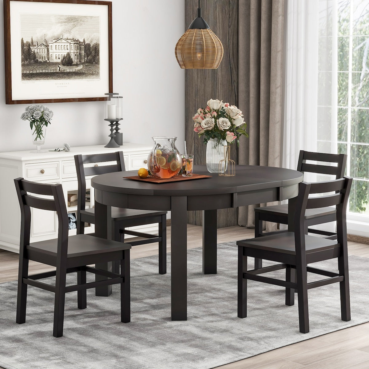 Farmhouse 5-Piece Extendable Round Dining Table Set with Storage Drawers and 4 Dining Chairs,16" Removable Leaf