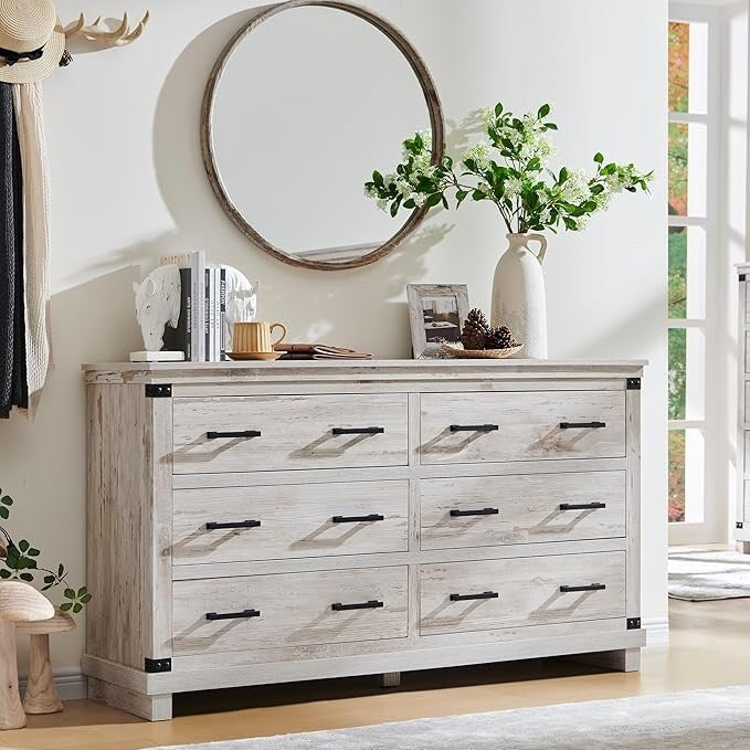 Farmhouse 6 Drawers Dresser, Wood Chest of Drawers, Closet Dresser