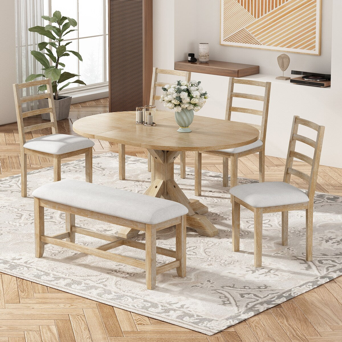 Farmhouse 6 Piece Round Dining Table Set with 4 Chairs and Bench 