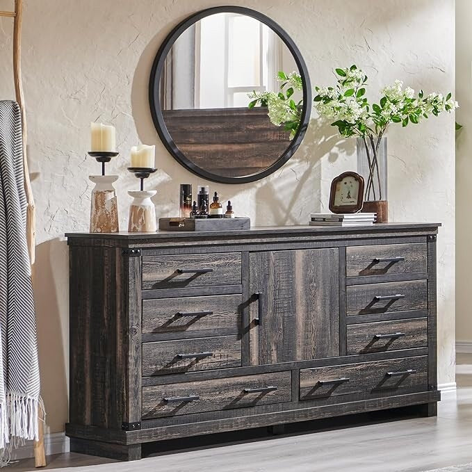 Farmhouse 8 Drawer Dresser Wood Long Chest of Drawers Closet Dresser