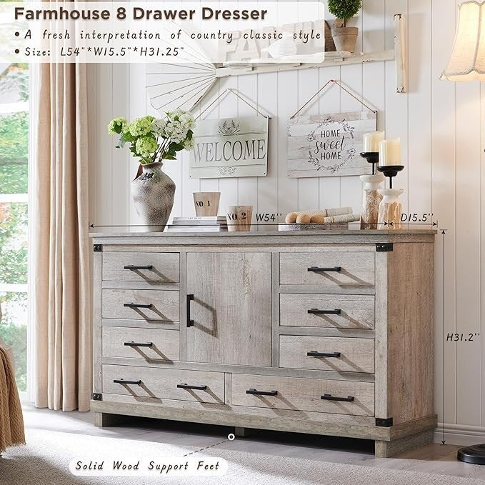 Farmhouse 8 Drawer Dresser Wood Long Chest of Drawers Closet Dresser