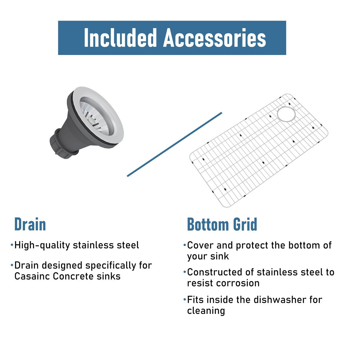 Farmhouse/Apron-Front Single Bowl Concrete Workstation Kitchen Sink with Rolling Drying Rack, Cutting Board, Grid, and Strainers