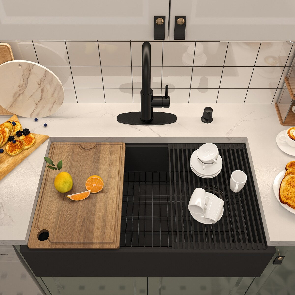 Farmhouse/Apron-Front Single Bowl Concrete Workstation Kitchen Sink with Rolling Drying Rack, Cutting Board, Grid, and Strainers