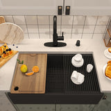 Farmhouse/Apron-Front Single Bowl Concrete Workstation Kitchen Sink with Rolling Drying Rack, Cutting Board, Grid, and Strainers