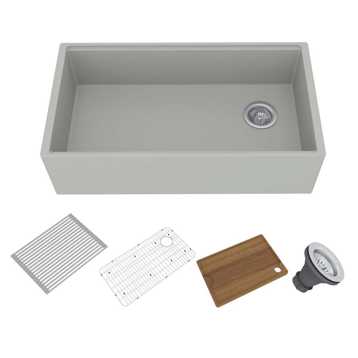 Farmhouse/Apron-Front Single Bowl Concrete Workstation Kitchen Sink with Rolling Drying Rack, Cutting Board, Grid, and Strainers