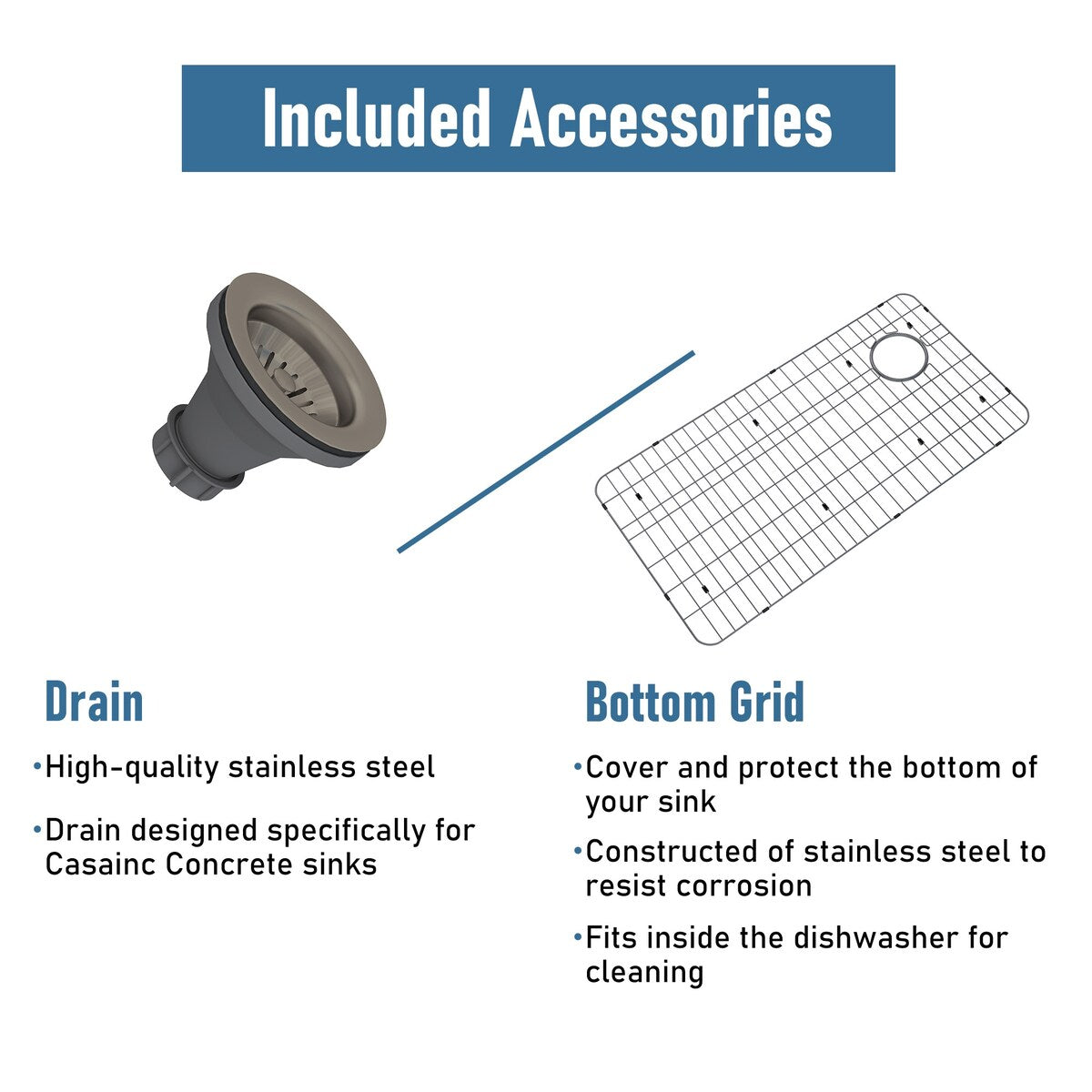 Farmhouse/Apron-Front Single Bowl Concrete Workstation Kitchen Sink with Rolling Drying Rack, Cutting Board, Grid, and Strainers