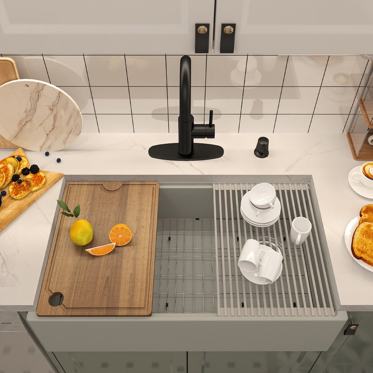 Farmhouse/Apron-Front Single Bowl Concrete Workstation Kitchen Sink with Rolling Drying Rack, Cutting Board, Grid, and Strainers