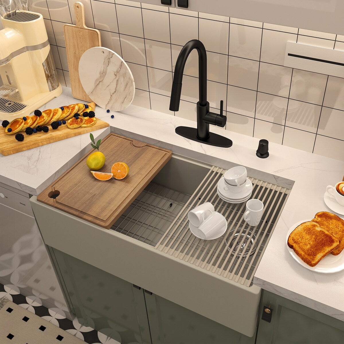 Farmhouse/Apron-Front Single Bowl Concrete Workstation Kitchen Sink with Rolling Drying Rack, Cutting Board, Grid, and Strainers