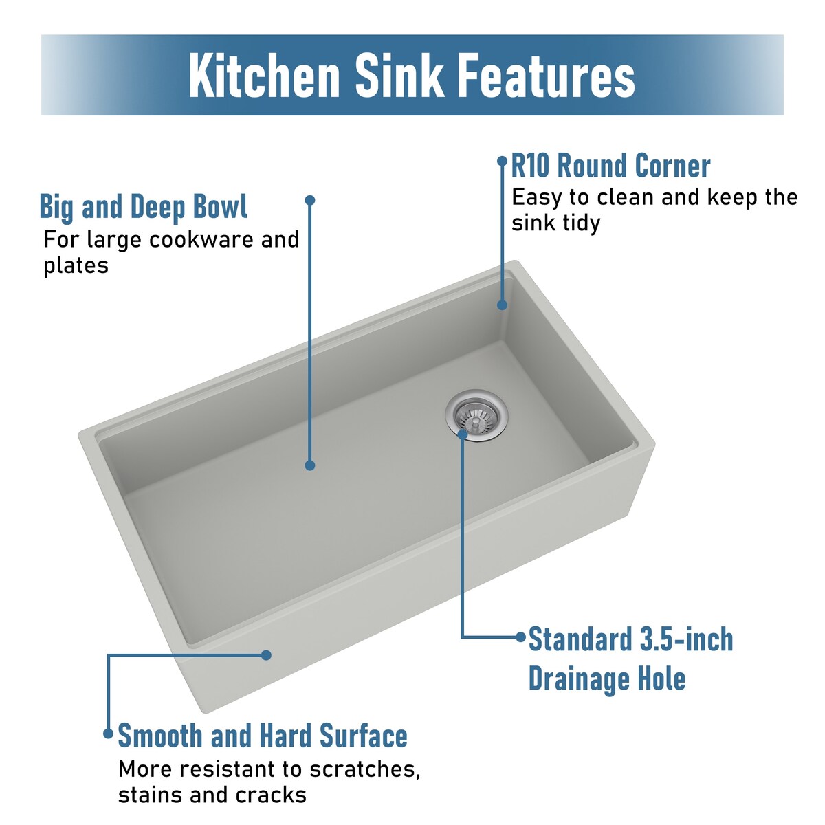 Farmhouse/Apron-Front Single Bowl Concrete Workstation Kitchen Sink with Rolling Drying Rack, Cutting Board, Grid, and Strainers