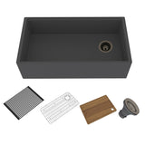 Farmhouse/Apron-Front Single Bowl Concrete Workstation Kitchen Sink with Rolling Drying Rack, Cutting Board, Grid, and Strainers