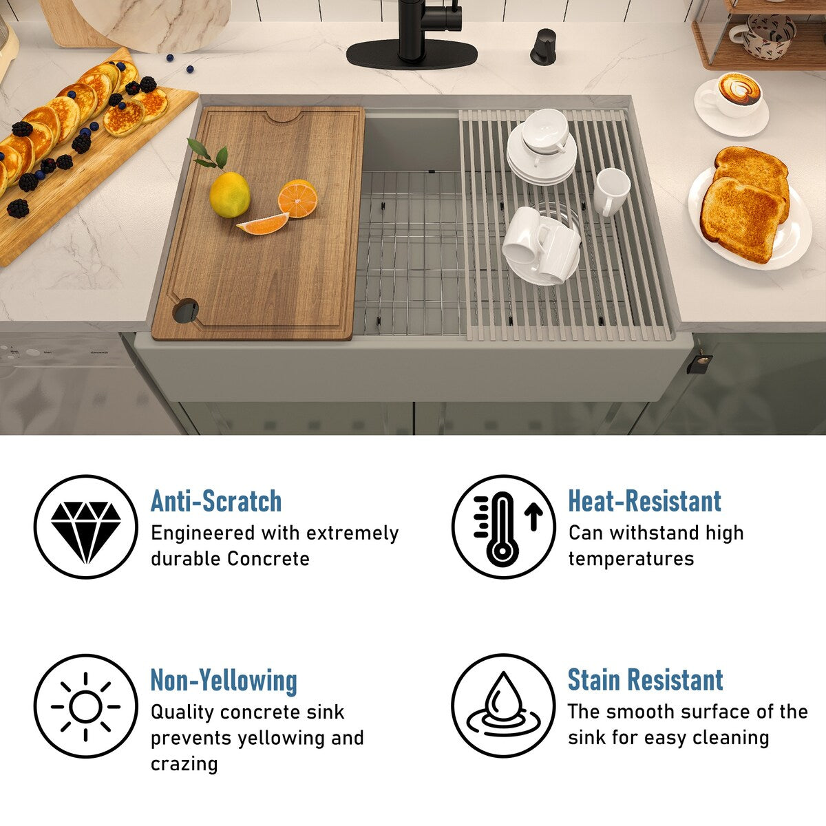 Farmhouse/Apron-Front Single Bowl Concrete Workstation Kitchen Sink with Rolling Drying Rack, Cutting Board, Grid, and Strainers