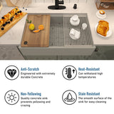 Farmhouse/Apron-Front Single Bowl Concrete Workstation Kitchen Sink with Rolling Drying Rack, Cutting Board, Grid, and Strainers