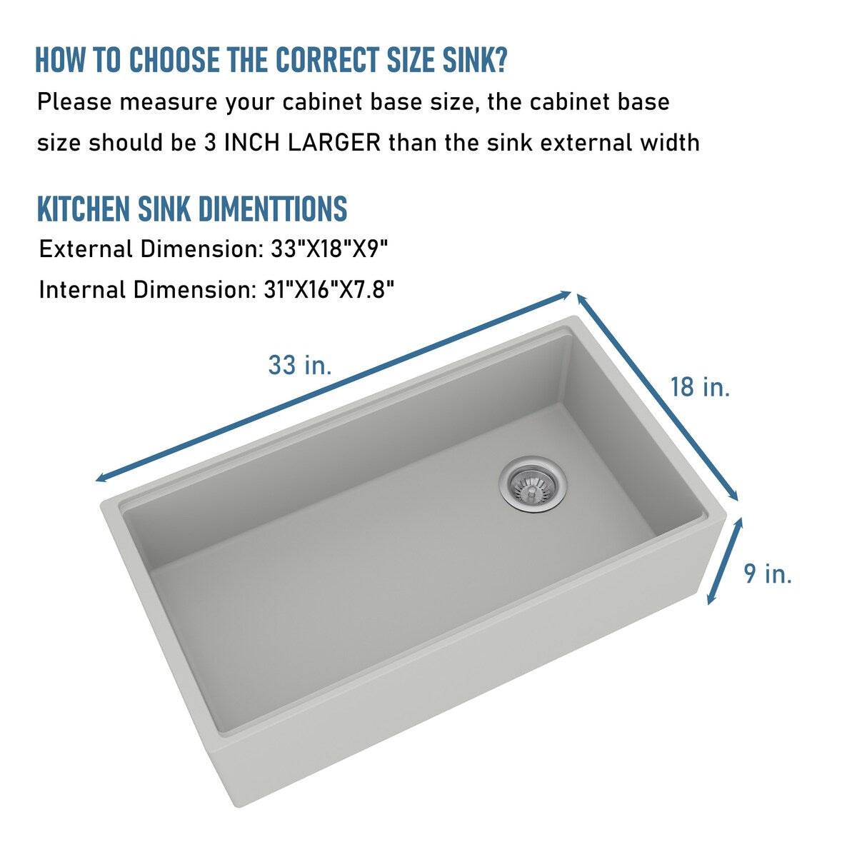 Farmhouse/Apron-Front Single Bowl Concrete Workstation Kitchen Sink with Rolling Drying Rack, Cutting Board, Grid, and Strainers