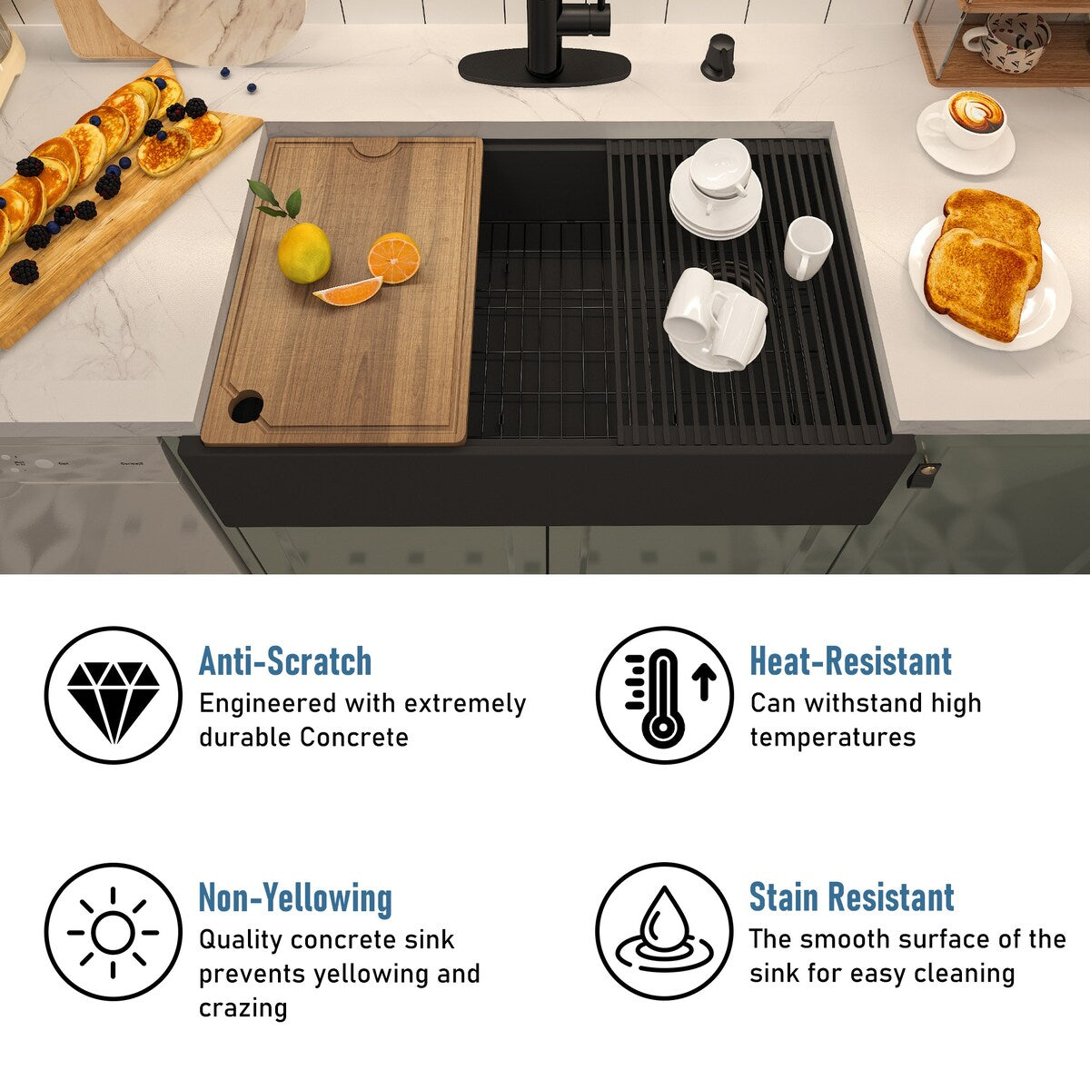 Farmhouse/Apron-Front Single Bowl Concrete Workstation Kitchen Sink with Rolling Drying Rack, Cutting Board, Grid, and Strainers