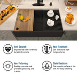 Farmhouse/Apron-Front Single Bowl Concrete Workstation Kitchen Sink with Rolling Drying Rack, Cutting Board, Grid, and Strainers