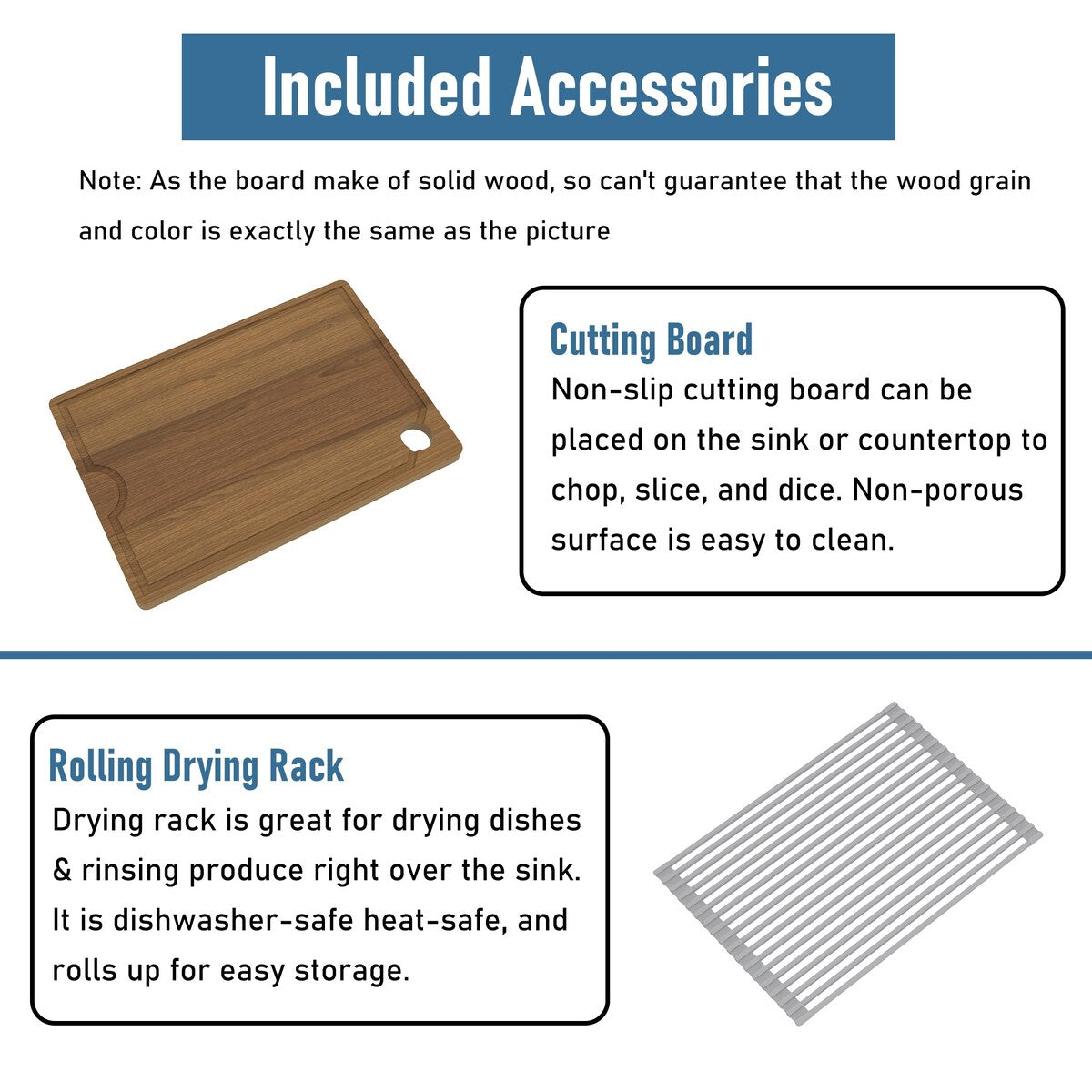 Farmhouse/Apron-Front Single Bowl Concrete Workstation Kitchen Sink with Rolling Drying Rack, Cutting Board, Grid, and Strainers