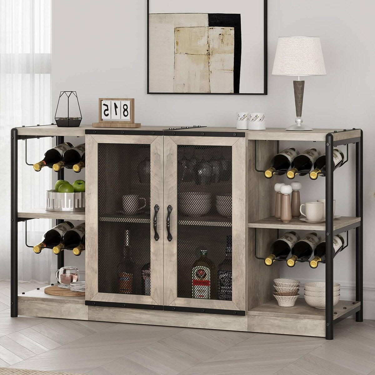 Farmhouse Bar Cabinet with with Storage, Glass Rack, Grey - N/A