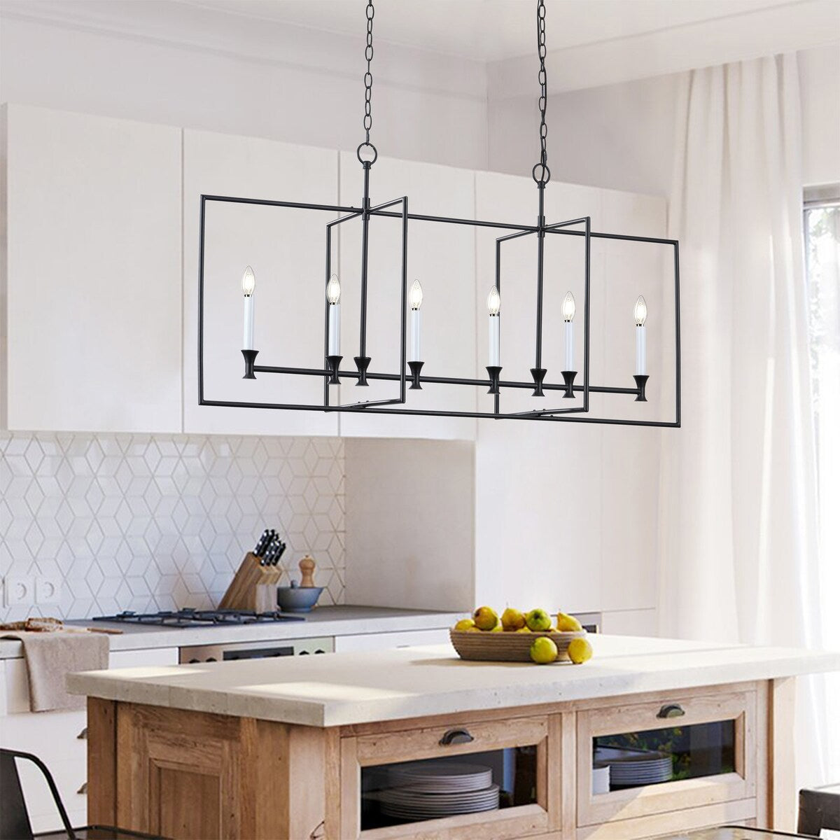 Farmhouse Black 6-Light Metal Frame Chandelier for Kitchen Island
