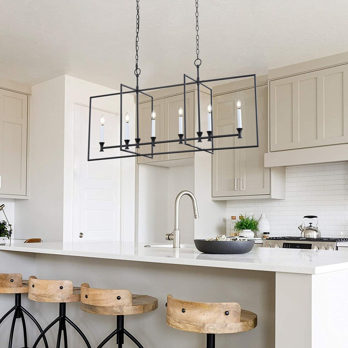 Farmhouse Black 6-Light Metal Frame Chandelier for Kitchen Island