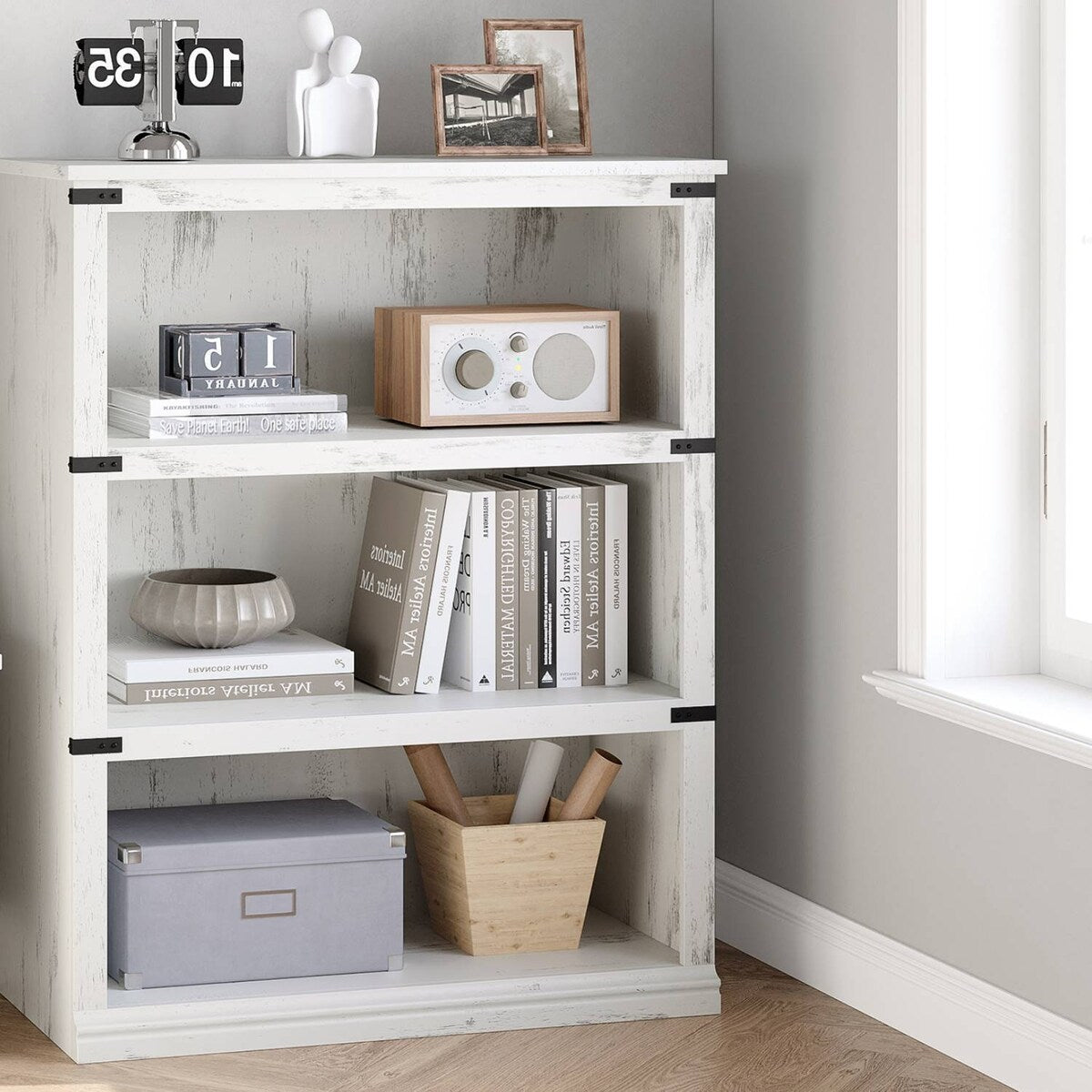 Farmhouse Bookcase with 3 Tier Storage Open Shelves - N/A