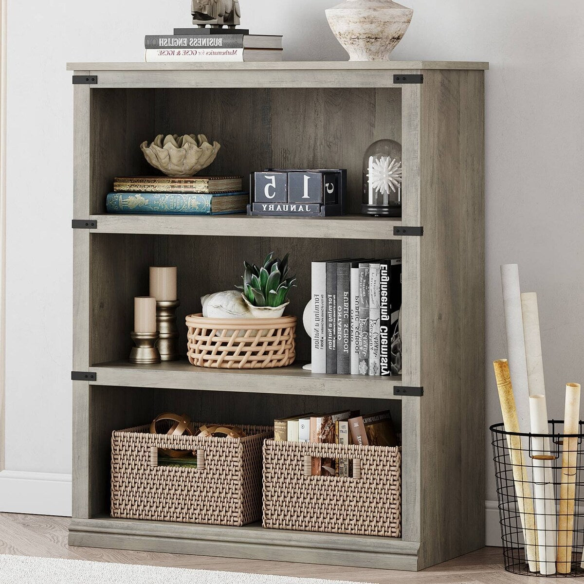 Farmhouse Bookcase with 3 Tier Storage Open Shelves - N/A