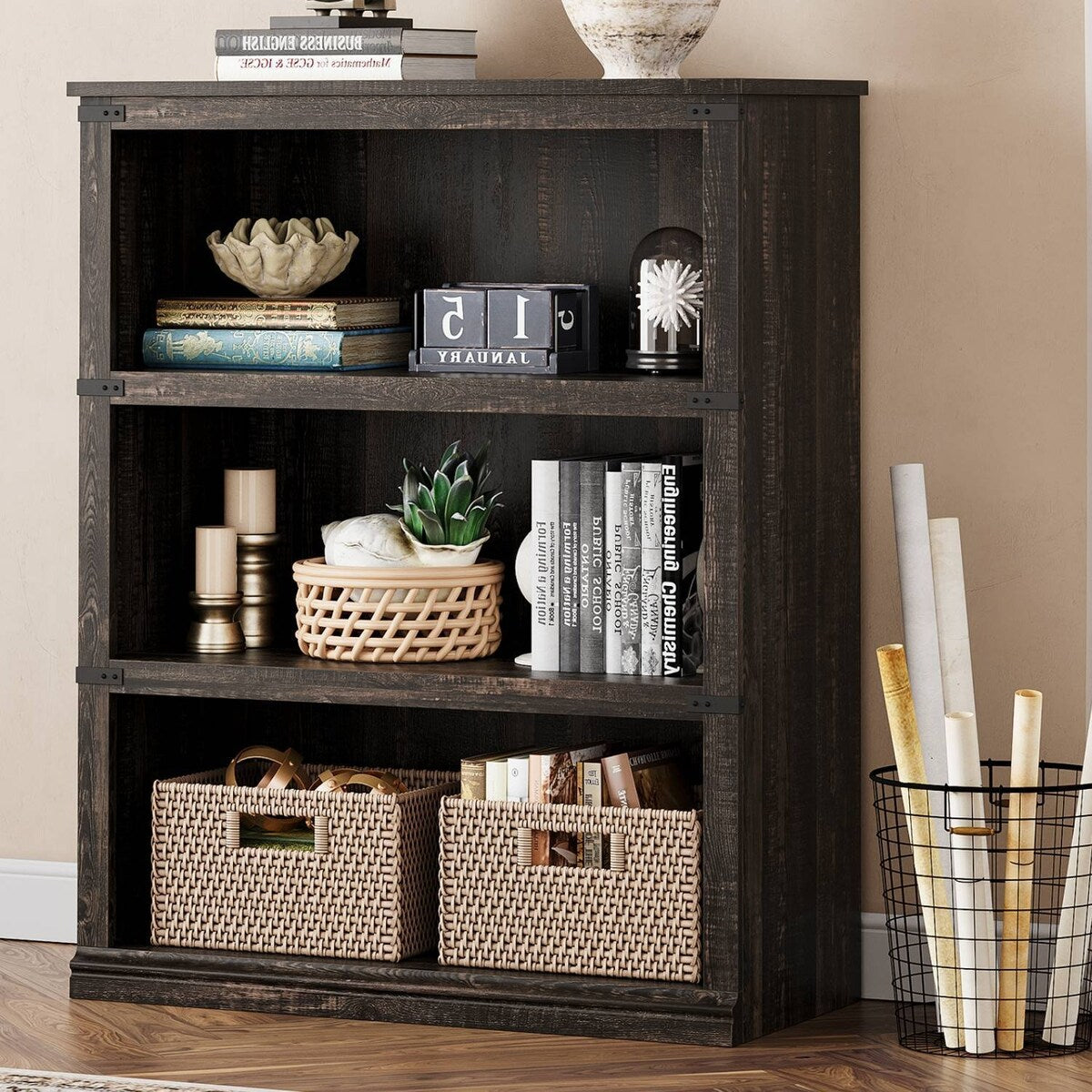 Farmhouse Bookcase with 3 Tier Storage Open Shelves - N/A