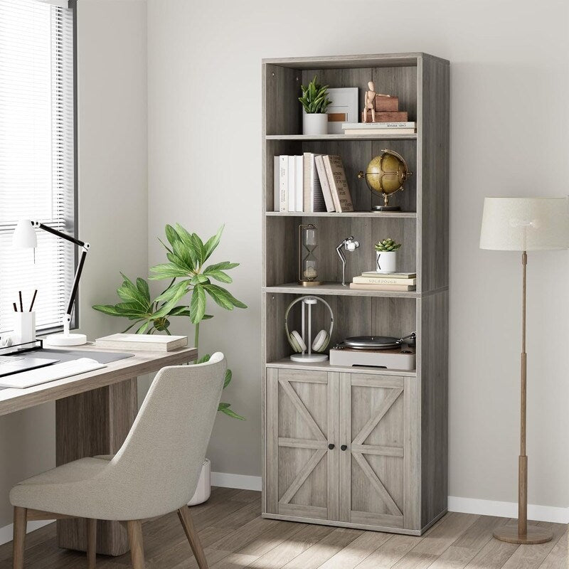 Farmhouse Bookcase with Doors,Display Storage Shelves Industrial Bookcases Wooden 6 Shelf