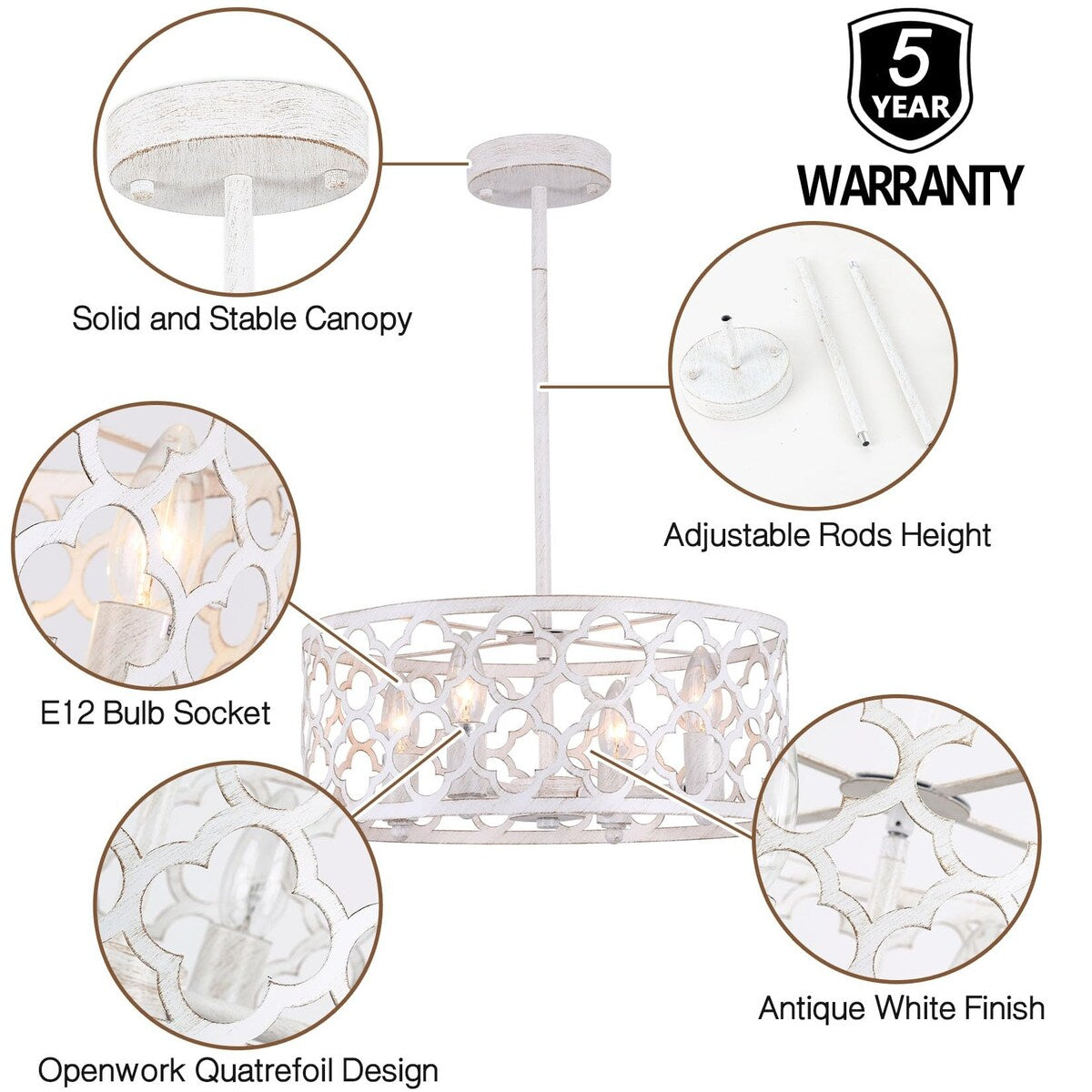 Farmhouse Chandelier,15 inch Rustic Ceiling Light Fixture,Antique White Finish,4-Light Dining Room Light Fixture