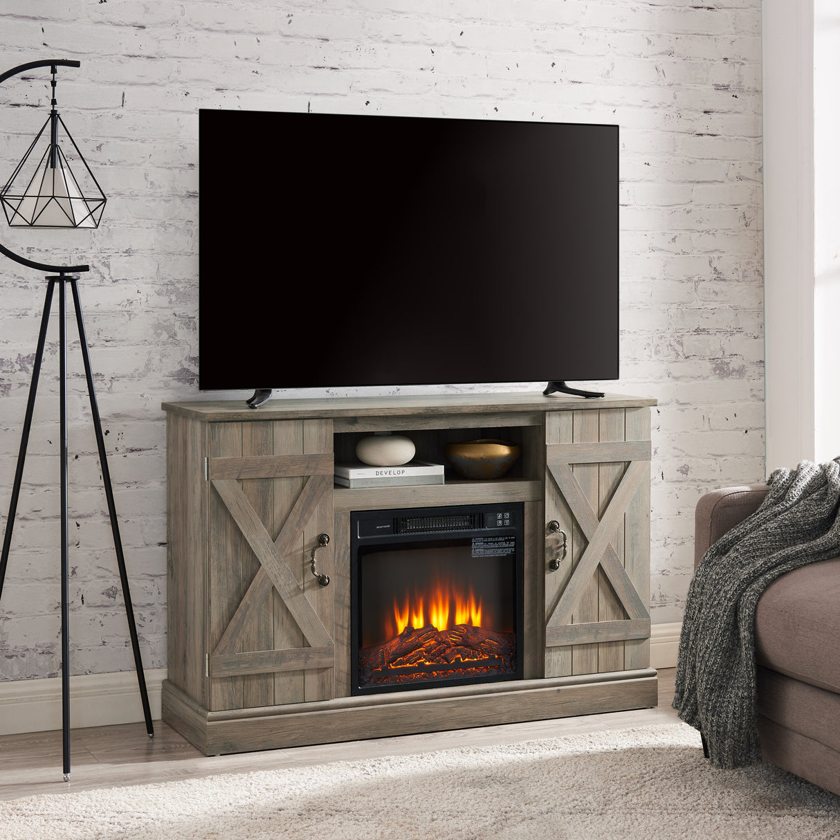 Farmhouse Classic Media TV Stand Antique Entertainment Console with 18" Electric Fireplace Insert for TV up to 50" with Open and