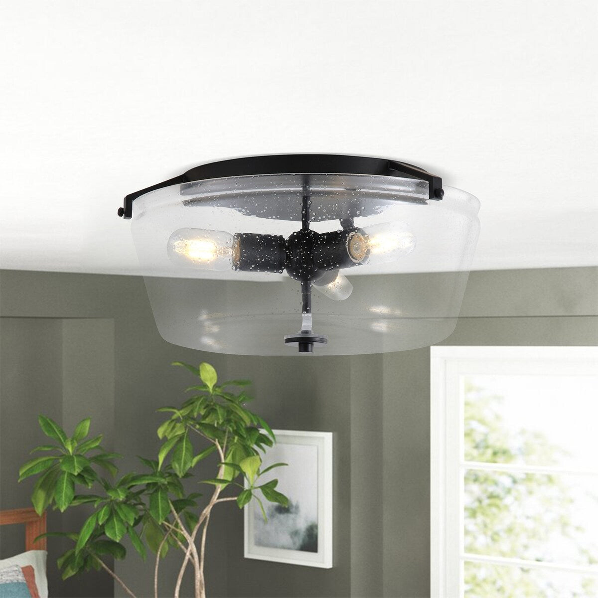 Farmhouse Close to Ceiling Light Fixture with Seeded Glass for Bedroom, Hallway, Foyer