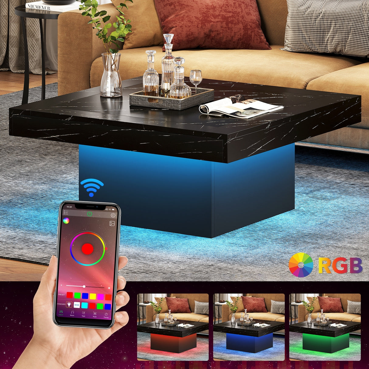 Farmhouse Coffee Table Square LED Coffee Table Engineered wood Coffee Table for Living Room