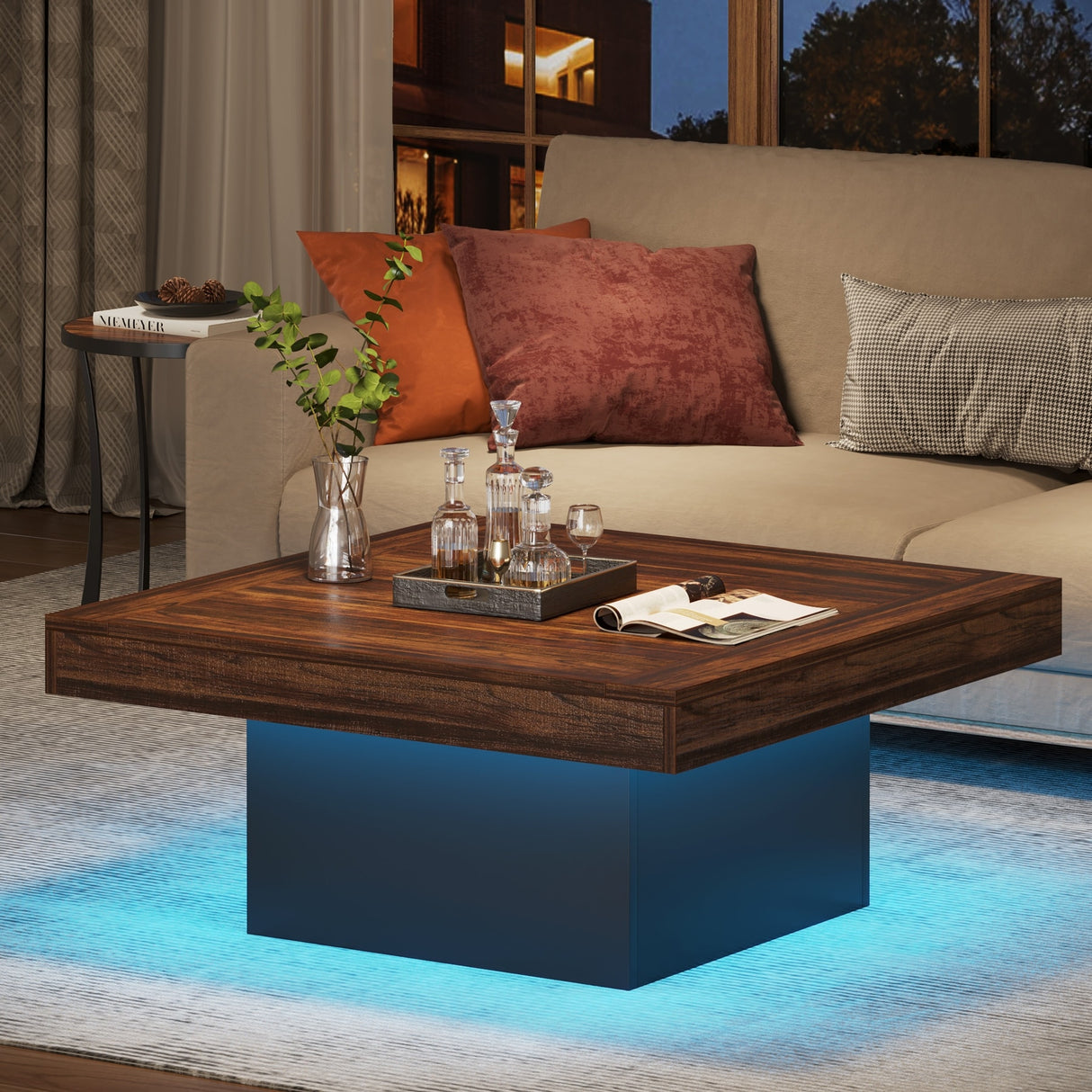 Farmhouse Coffee Table Square LED Coffee Table Engineered wood Coffee Table for Living Room