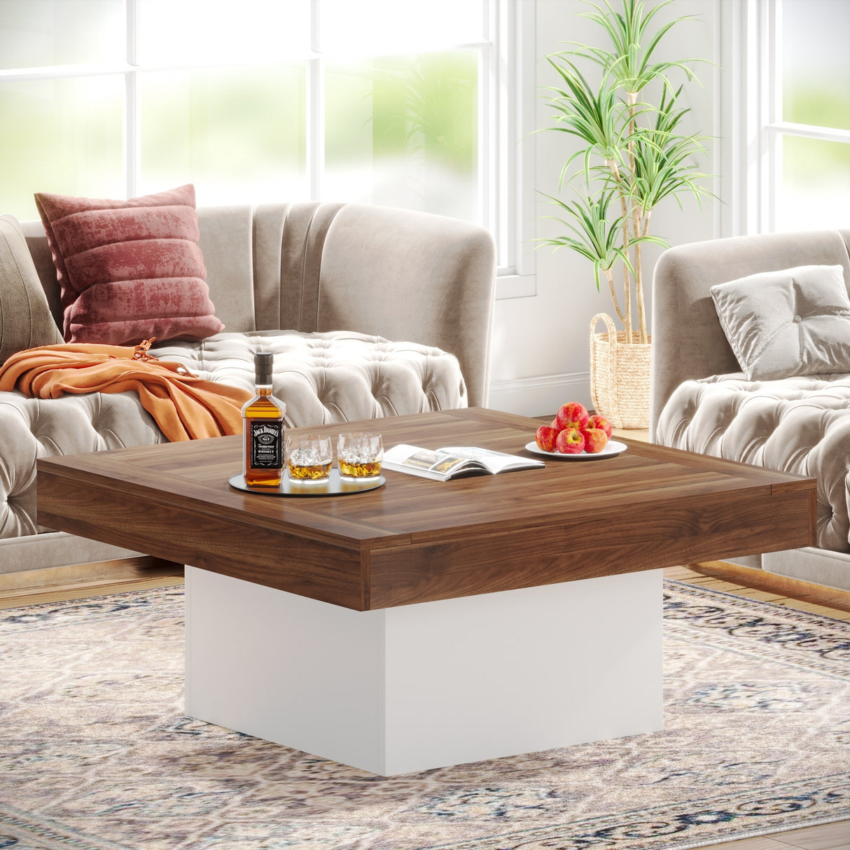 Farmhouse Coffee Table Square LED Coffee Table Engineered wood Coffee Table for Living Room
