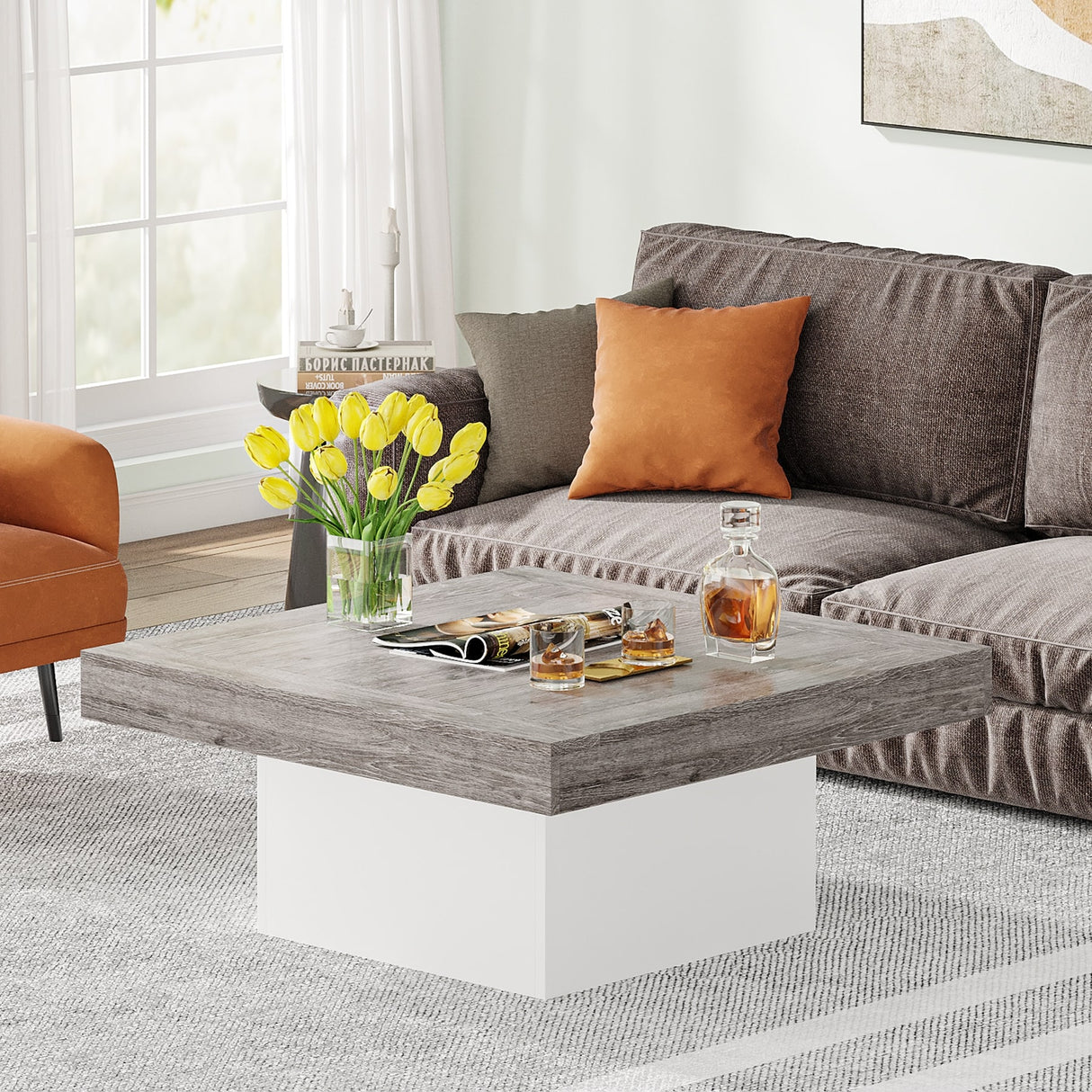 Farmhouse Coffee Table Square LED Coffee Table Engineered wood Coffee Table for Living Room