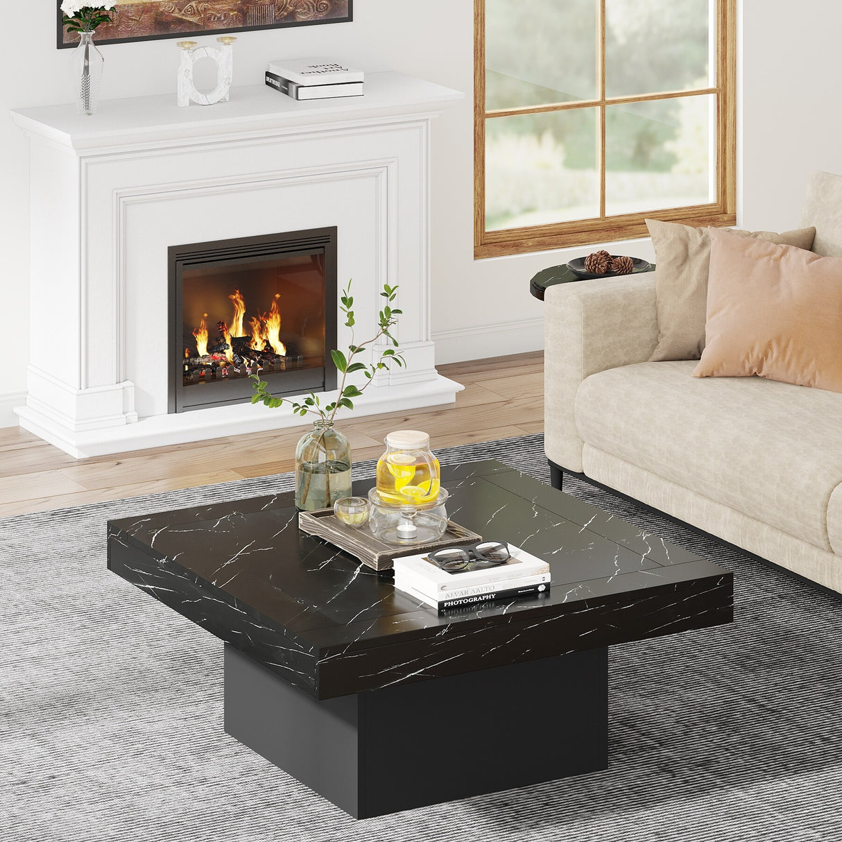 Farmhouse Coffee Table Square LED Coffee Table Engineered wood Coffee Table for Living Room