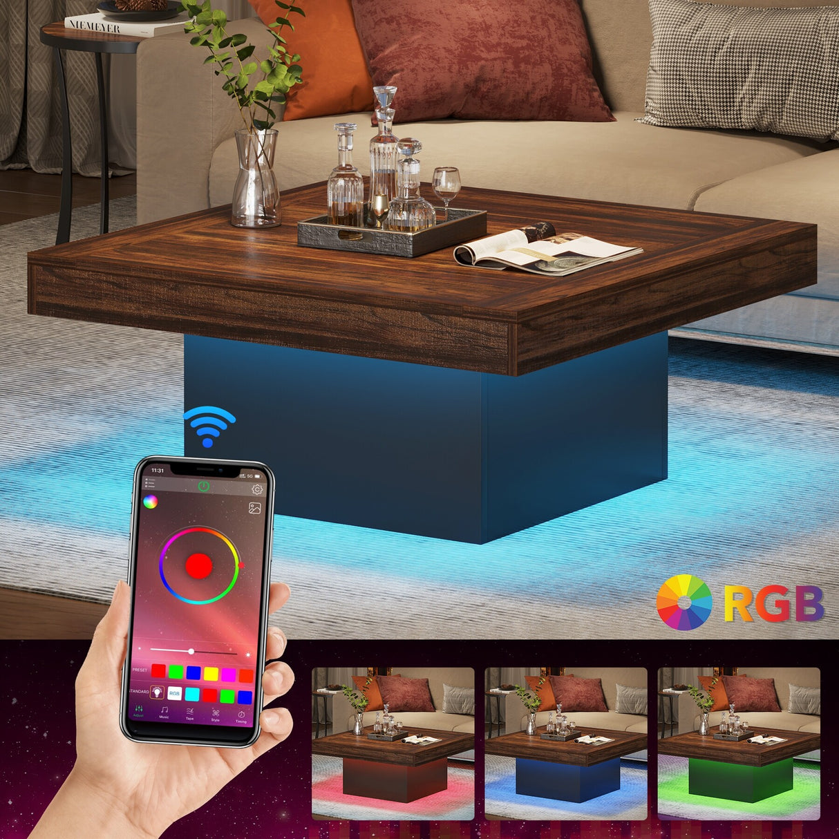 Farmhouse Coffee Table Square LED Coffee Table Engineered wood Coffee Table for Living Room