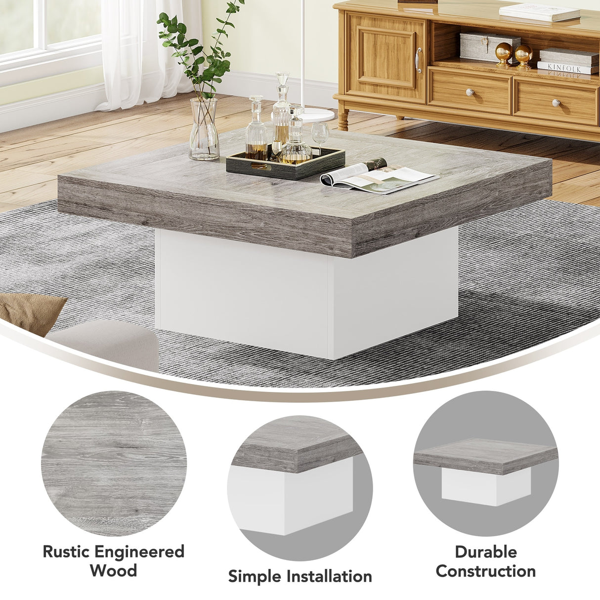 Farmhouse Coffee Table Square LED Coffee Table Engineered wood Coffee Table for Living Room