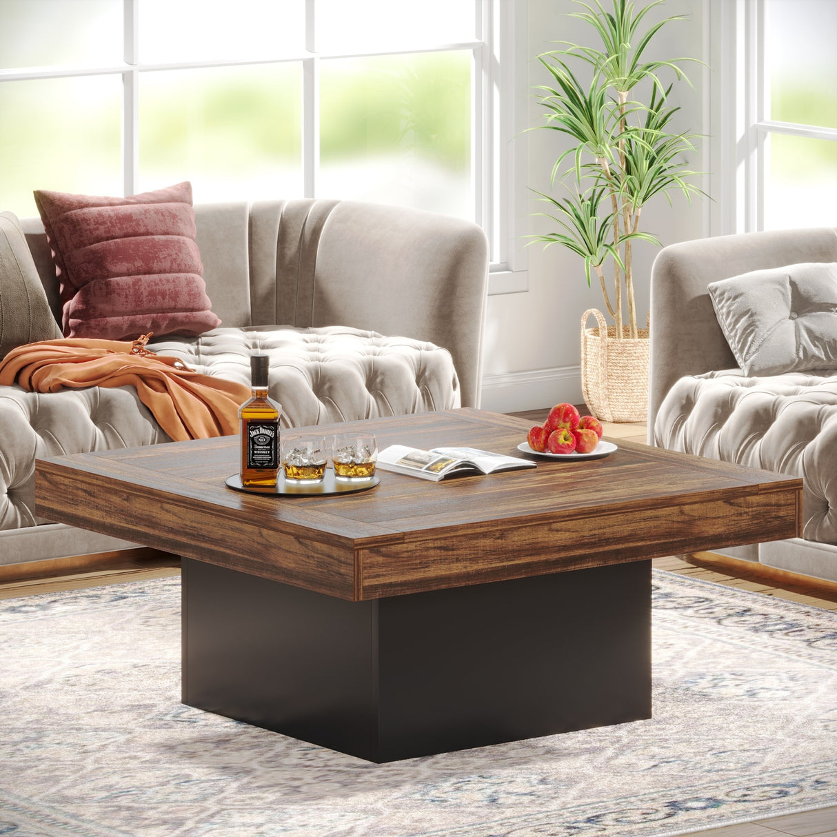 Farmhouse Coffee Table Square LED Coffee Table Engineered wood Coffee Table for Living Room