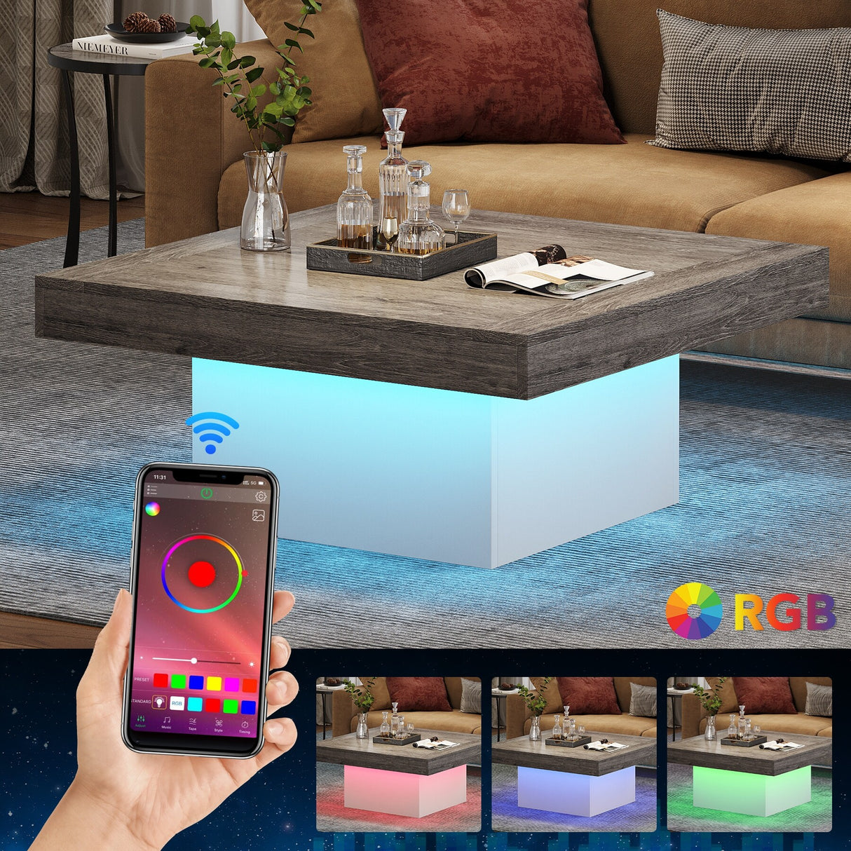 Farmhouse Coffee Table Square LED Coffee Table Engineered wood Coffee Table for Living Room