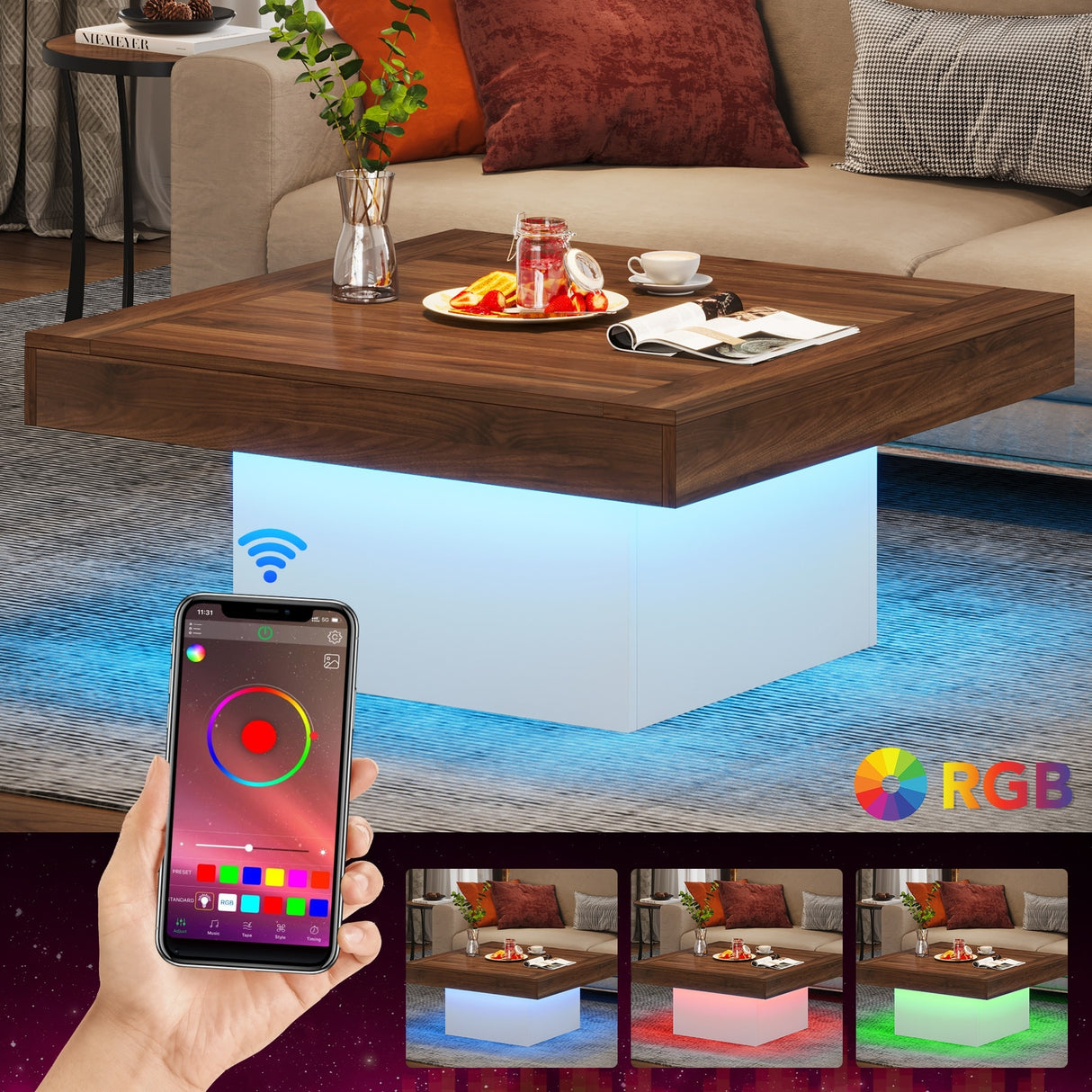 Farmhouse Coffee Table Square LED Coffee Table Engineered wood Coffee Table for Living Room