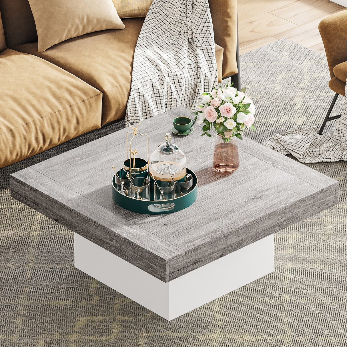 Farmhouse Coffee Table Square LED Coffee Table Engineered wood Coffee Table for Living Room