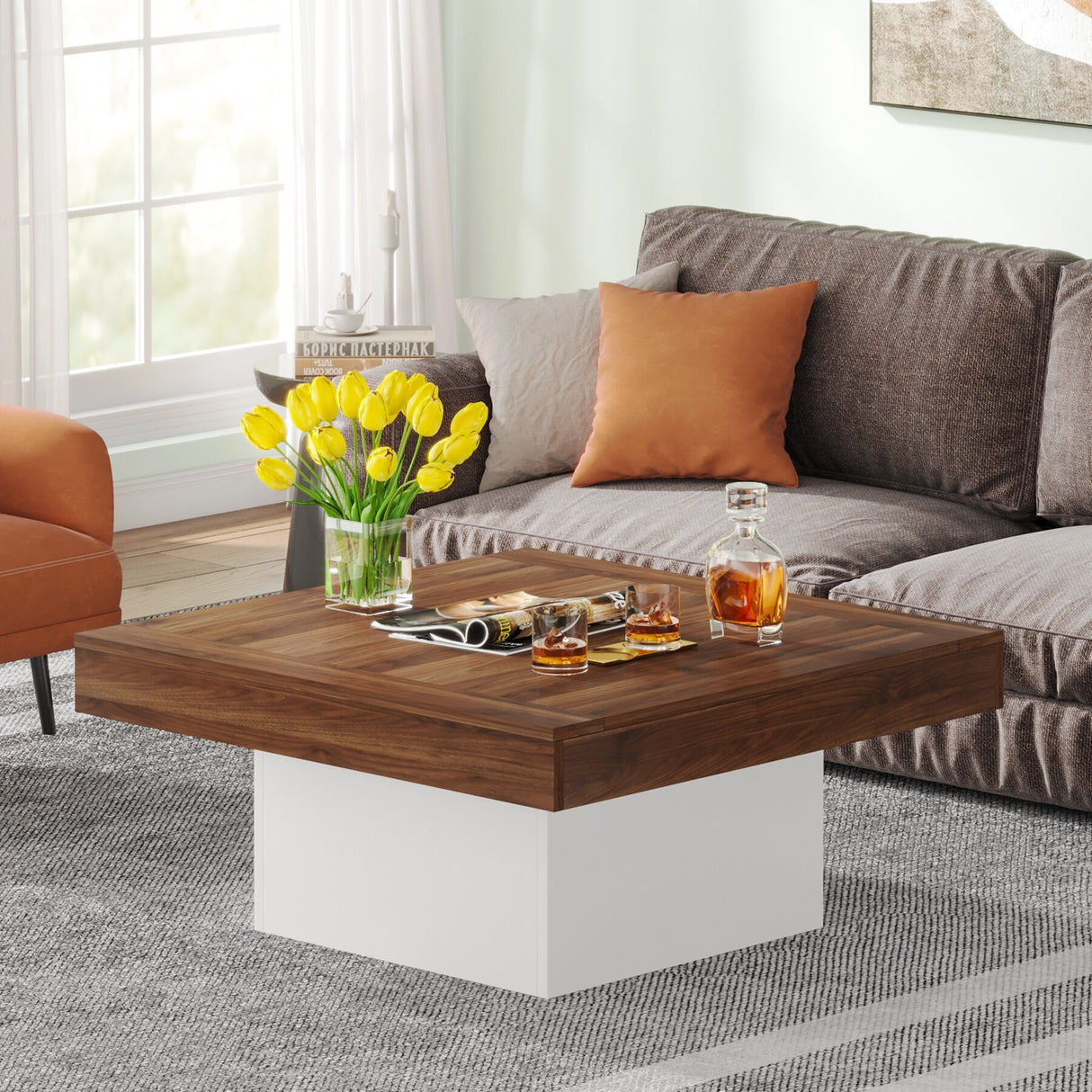 Farmhouse Coffee Table Square LED Coffee Table Engineered wood Coffee Table for Living Room