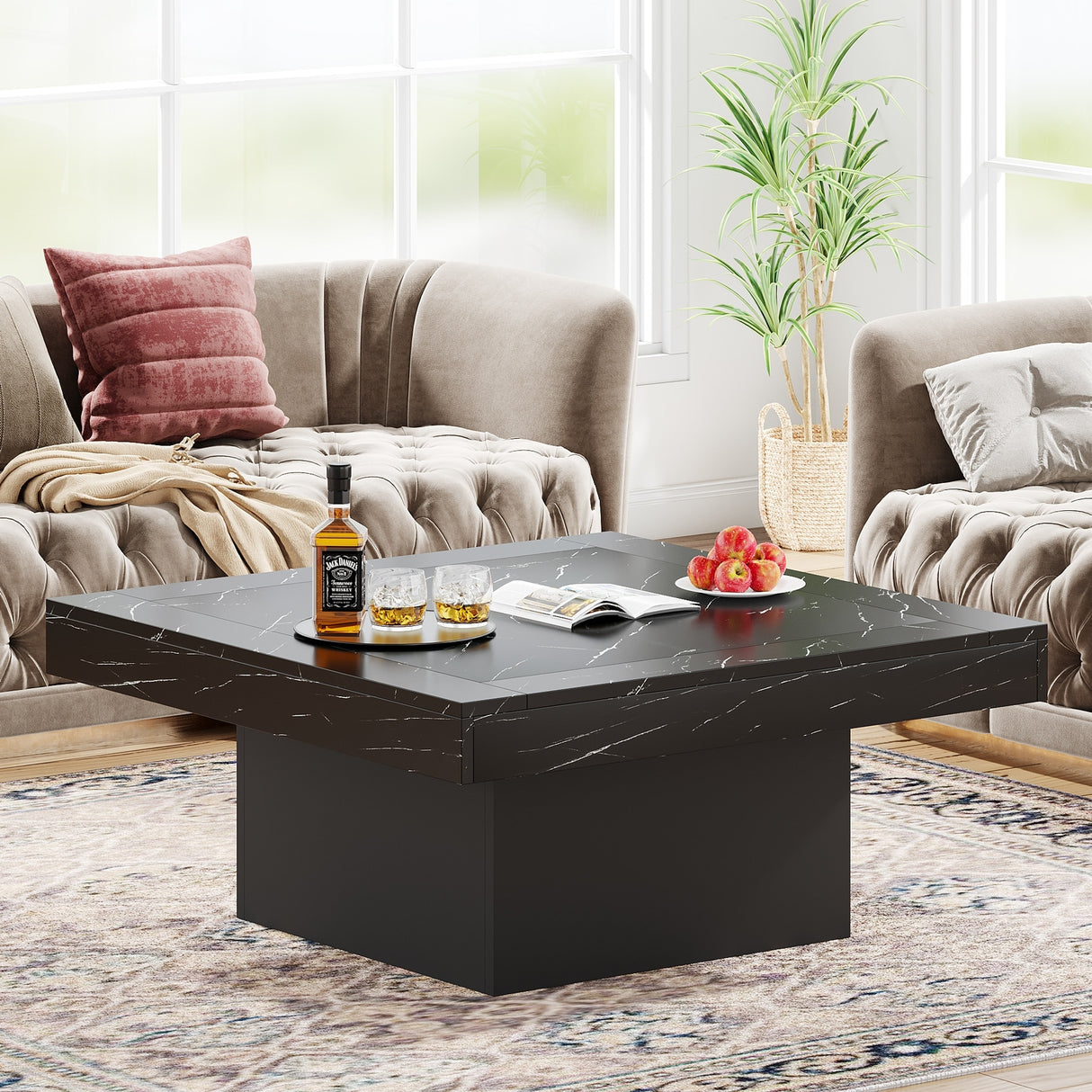 Farmhouse Coffee Table Square LED Coffee Table Engineered wood Coffee Table for Living Room
