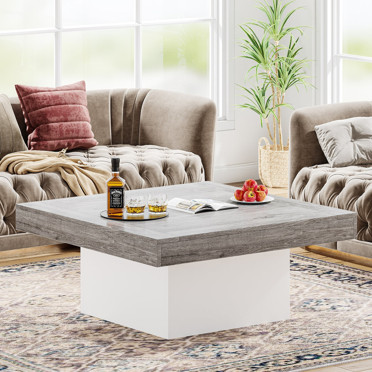 Farmhouse Coffee Table Square LED Coffee Table Engineered wood Coffee Table for Living Room