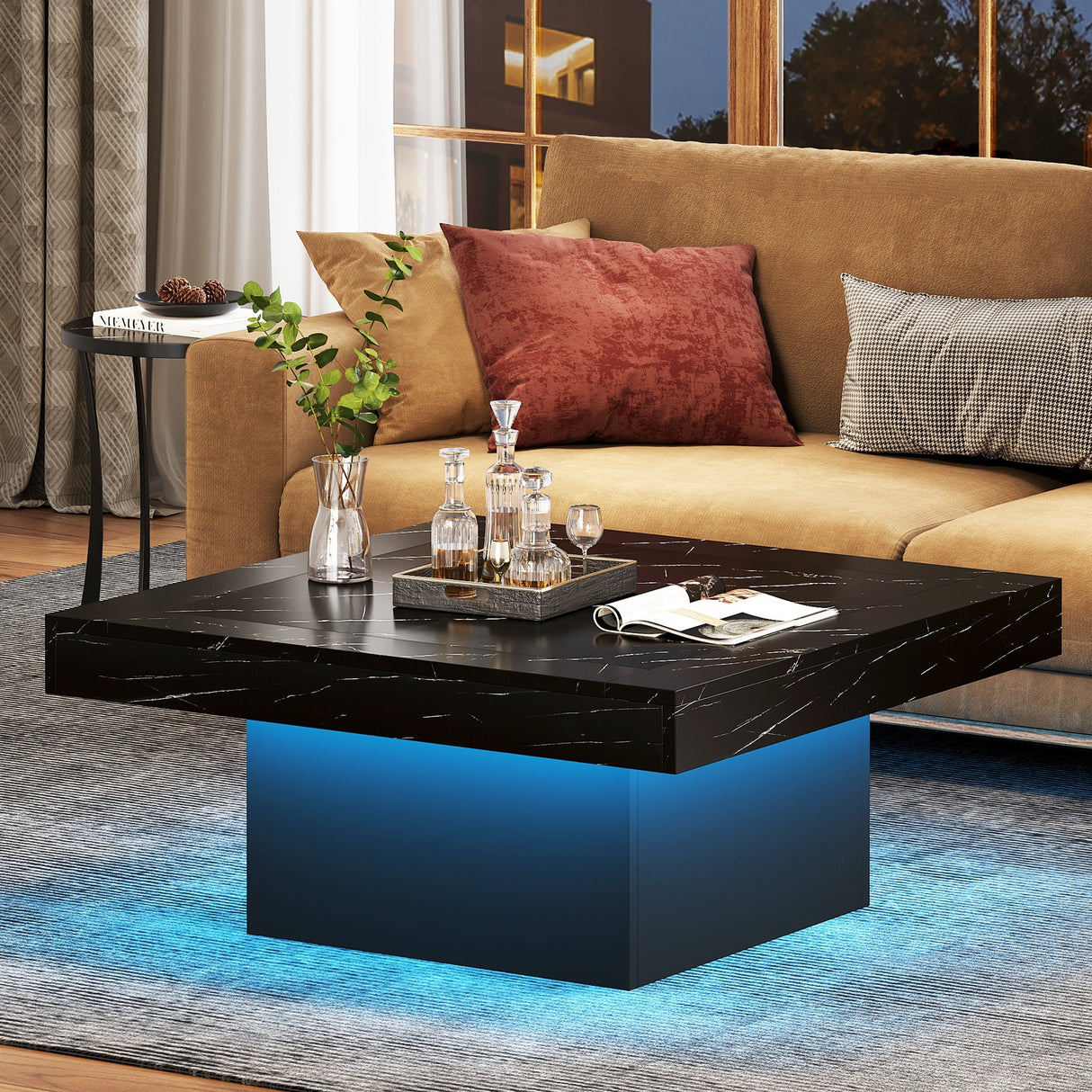 Farmhouse Coffee Table Square LED Coffee Table Engineered wood Coffee Table for Living Room