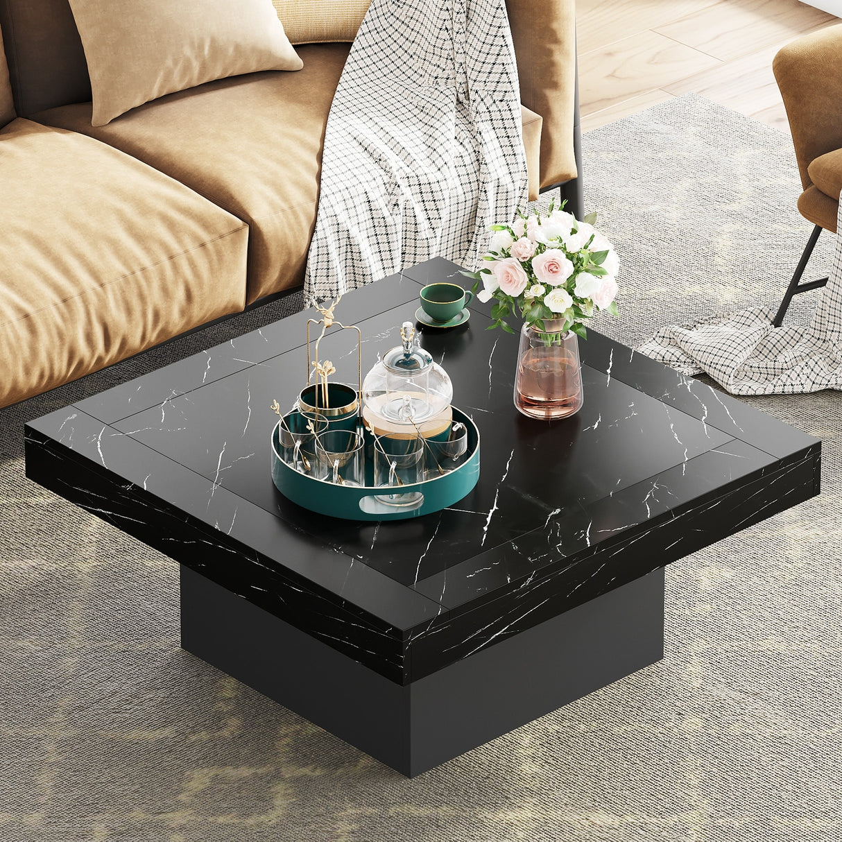 Farmhouse Coffee Table Square LED Coffee Table Engineered wood Coffee Table for Living Room