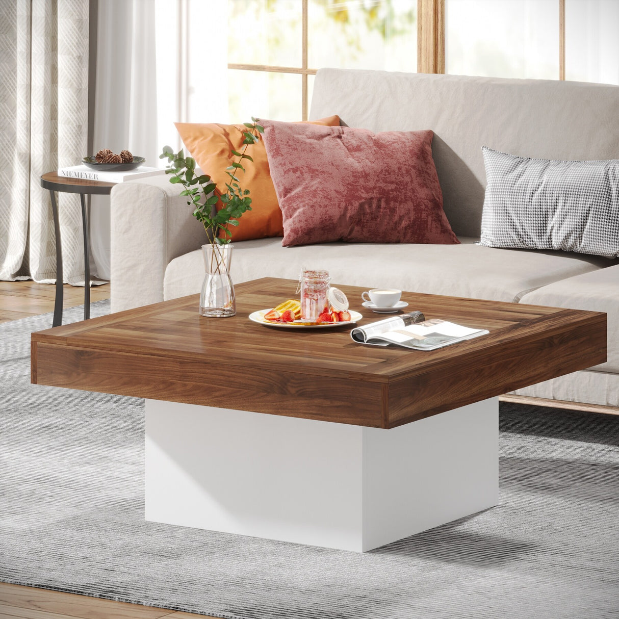 Farmhouse Coffee Table Square LED Coffee Table Engineered wood Coffee Table for Living Room